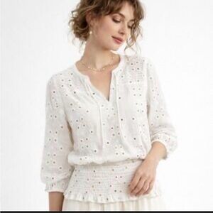 fig and flower White Eyelet Smocked-Waist V-Neck Blouse